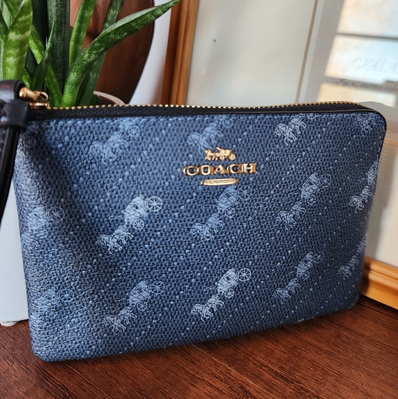COACH Corner Zip Wristlet With Horse And Carriage Dot Print COLOR:Gold/Denim - Picture 5 of 9